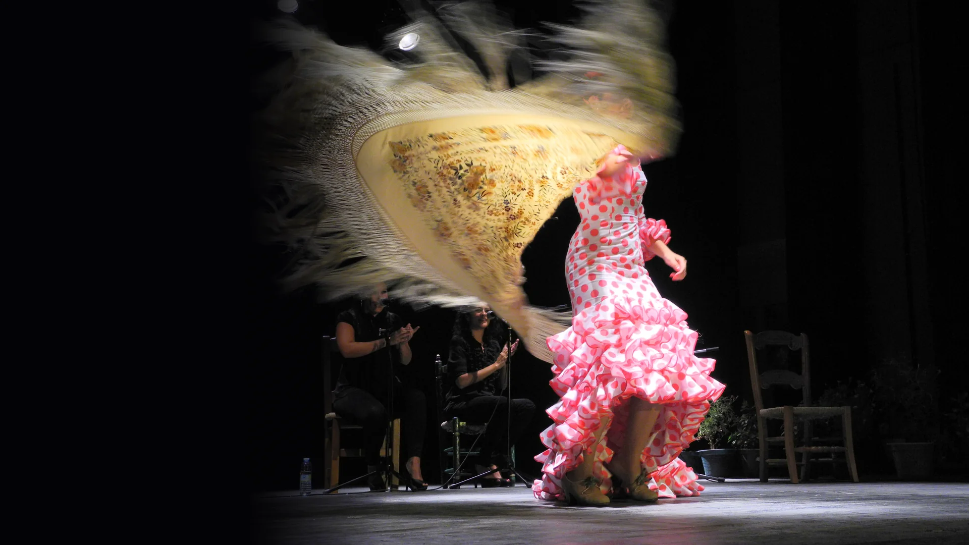Tanečnice flamenca v růžových puntíkatých šatech se točí na tmavém jevišti, kolem ní se vlní krémový třásnitý šál, za ní tleskají dvě sedící ženy